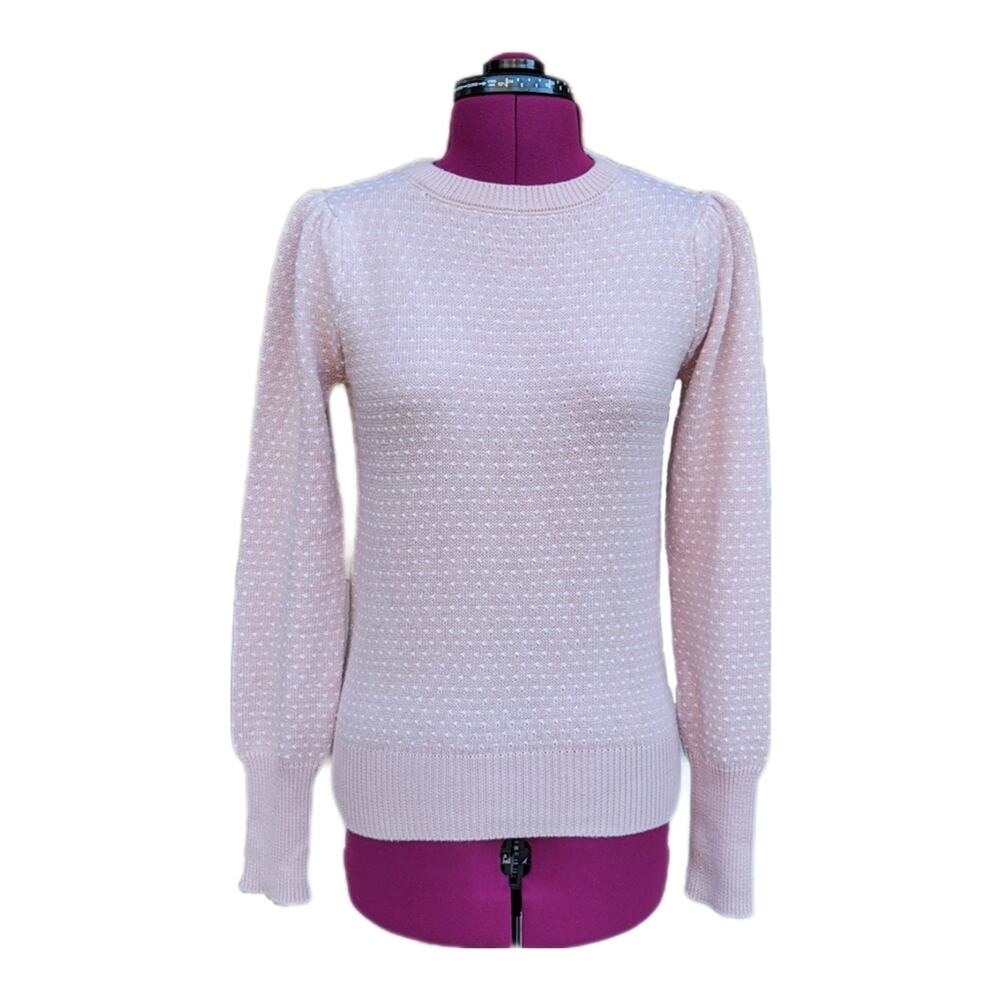 Tahari Blush Pink & White Polka Dot Puff Sleeve Sweater sz XS